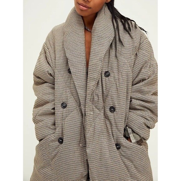 Free People Plaid Dre Cocoon Puffer Jacket Oversized Sz M Brown Button Frnt NWOT - Picture 6 of 16